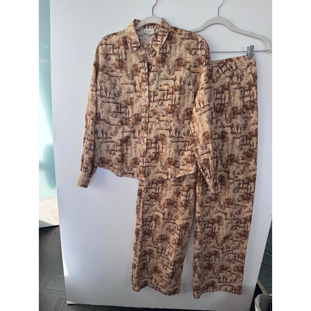 CAMI NYC Desert Print Silk 2-Piece Set XS Belkis Rhinestone Top Wide Leg Pants